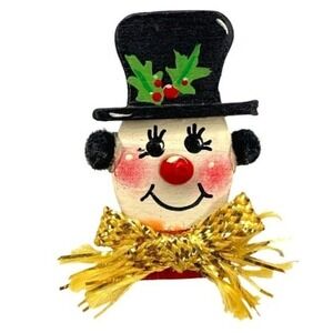 Handmade Wooden Snowman Face Brooch Pin Top Hat Holly Berries Christmas Holiday